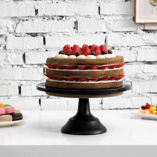  MyGift 10-inch Round Brown Wooden Cake/Cupcake Dessert Pedestal Display Stand with Black Base