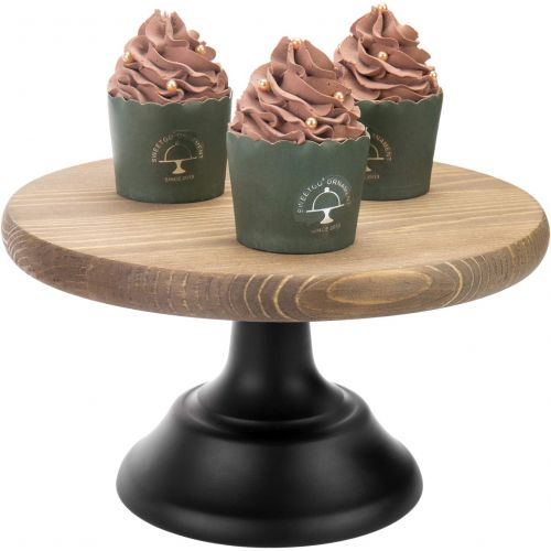  MyGift 10-inch Round Brown Wooden Cake/Cupcake Dessert Pedestal Display Stand with Black Base