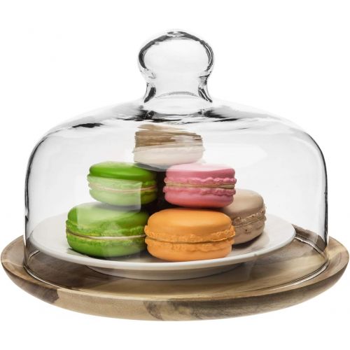  MyGift 7.5 Inch Small Clear Glass Dessert/Cheese Cloche Dome with Acacia Wood Serving Tray