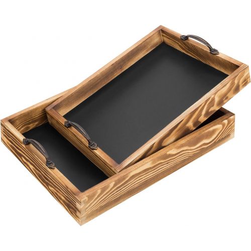 MyGift Set of 2 Burnt Wood Chalkboard Surface Nesting Serving Trays with Decorative Handles