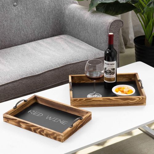  MyGift Set of 2 Burnt Wood Chalkboard Surface Nesting Serving Trays with Decorative Handles