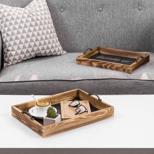  MyGift Set of 2 Burnt Wood Chalkboard Surface Nesting Serving Trays with Decorative Handles