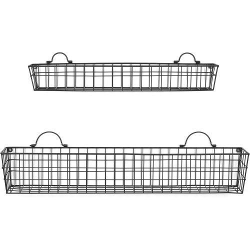  MyGift Country Rustic Wall-Mounted Openwork Black Metal Mesh Storage Baskets Display Racks, Set of 2