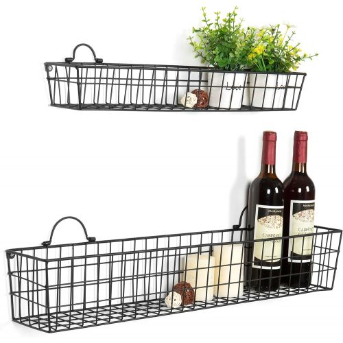  MyGift Country Rustic Wall-Mounted Openwork Black Metal Mesh Storage Baskets Display Racks, Set of 2