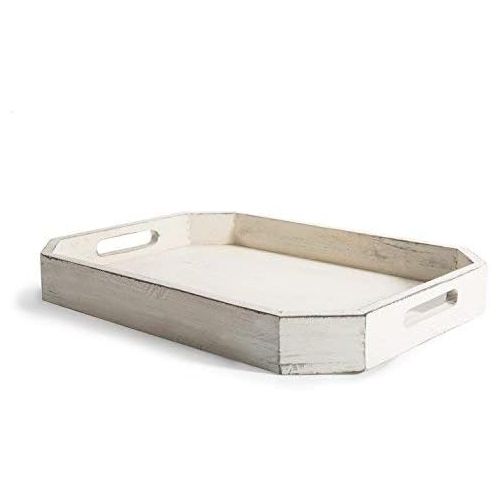  MyGift Rustic Whitewashed Wood Serving Tray with Cut-out Handles and Angled Edges
