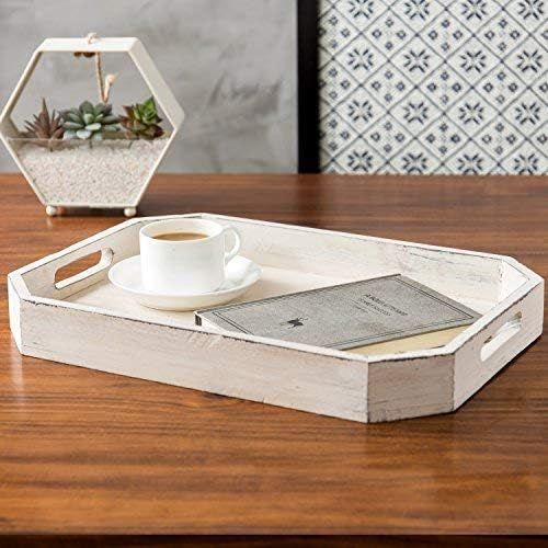  MyGift Rustic Whitewashed Wood Serving Tray with Cut-out Handles and Angled Edges