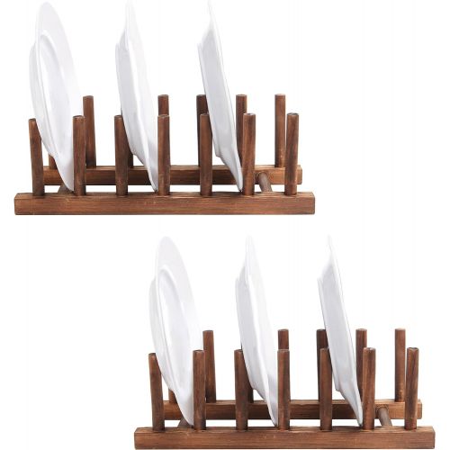  MyGift 6 Slot Wood Dish Racks, Kitchen Countertop Plate Drainers, Set of 2, Dark Brown