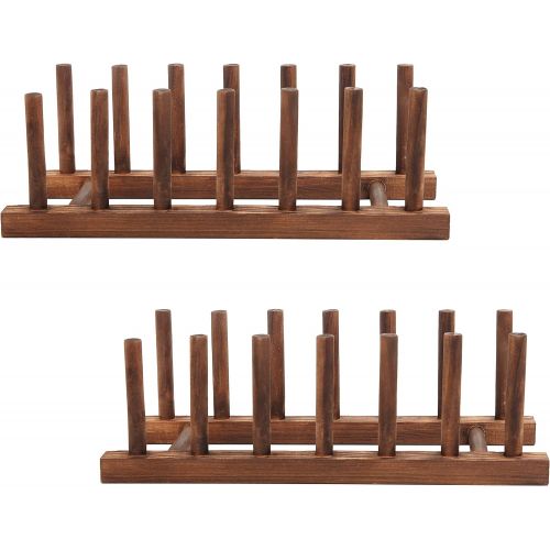  MyGift 6 Slot Wood Dish Racks, Kitchen Countertop Plate Drainers, Set of 2, Dark Brown