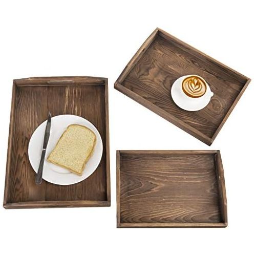  MyGift Set of 3 Nesting Brown Wood Serving Trays with Cutout Handles