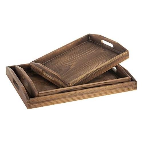  MyGift Set of 3 Nesting Brown Wood Serving Trays with Cutout Handles