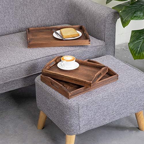  MyGift Set of 3 Nesting Brown Wood Serving Trays with Cutout Handles