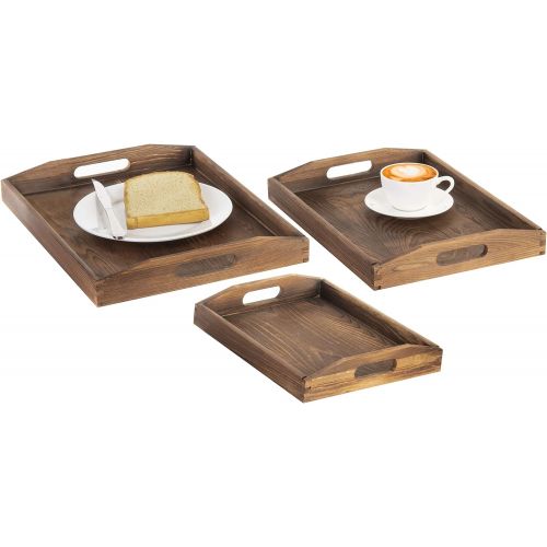  MyGift Set of 3 Nesting Brown Wood Serving Trays with Cutout Handles