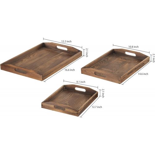  MyGift Set of 3 Nesting Brown Wood Serving Trays with Cutout Handles