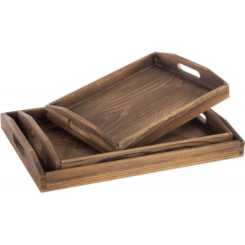  MyGift Set of 3 Nesting Brown Wood Serving Trays with Cutout Handles