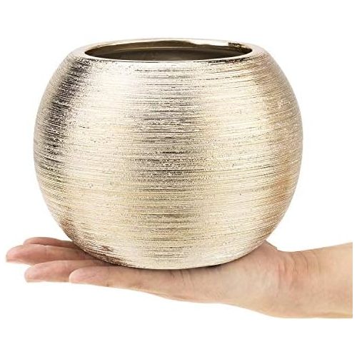  MyGift Round Modern Floral Planter/Plant Pot/Vase Gold Metallic Ceramic Decorative Bowl, Vase, 6.75