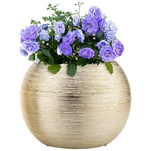  MyGift Round Modern Floral Planter/Plant Pot/Vase Gold Metallic Ceramic Decorative Bowl, Vase, 6.75