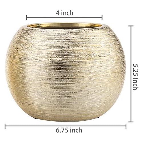  MyGift Round Modern Floral Planter/Plant Pot/Vase Gold Metallic Ceramic Decorative Bowl, Vase, 6.75