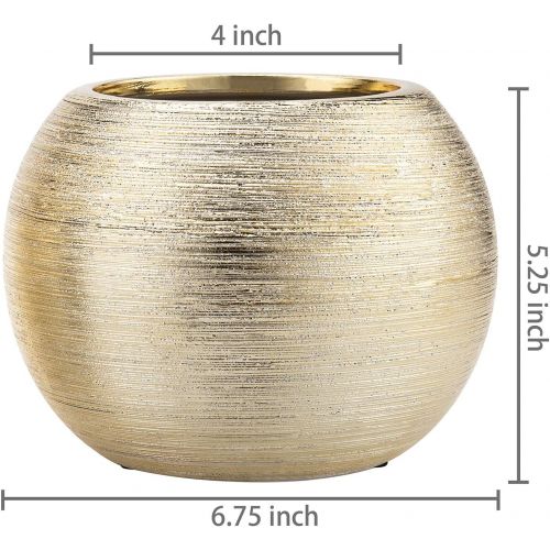  MyGift Round Modern Floral Planter/Plant Pot/Vase Gold Metallic Ceramic Decorative Bowl, Vase, 6.75