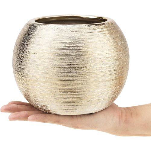  MyGift Round Modern Floral Planter/Plant Pot/Vase Gold Metallic Ceramic Decorative Bowl, Vase, 6.75