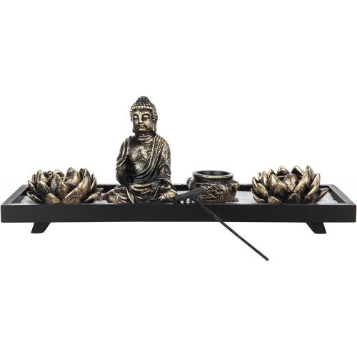  인센스스틱 MyGift Home Zen Garden Set Table Decor Kit Buddha Statue/Lotus Tea Light Candle Holder/Incense Burner Holder