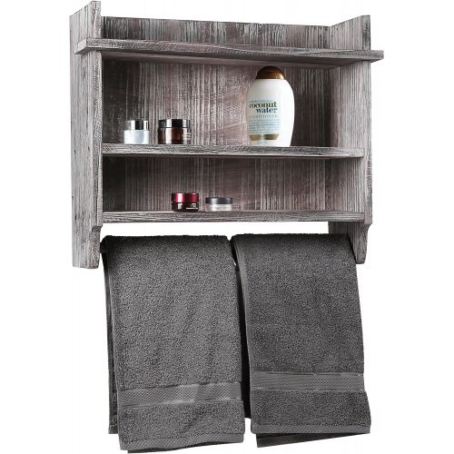  MyGift Wall Mounted Torched Wood Bathroom Organizer Rack with 3 Shelves and Hanging Towel Bar