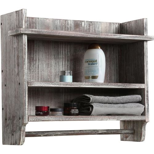  MyGift Wall Mounted Torched Wood Bathroom Organizer Rack with 3 Shelves and Hanging Towel Bar