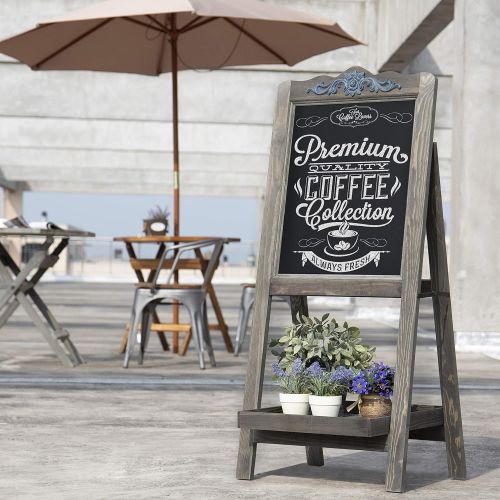  MyGift Rustic Graywashed Wooden Easel Chalkboard Sign with Plant Shelf