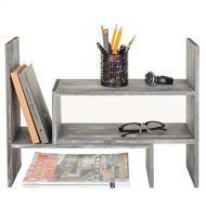 MyGift Distressed Gray Wood Adjustable Desktop Bookshelves, Countertop Display Shelves