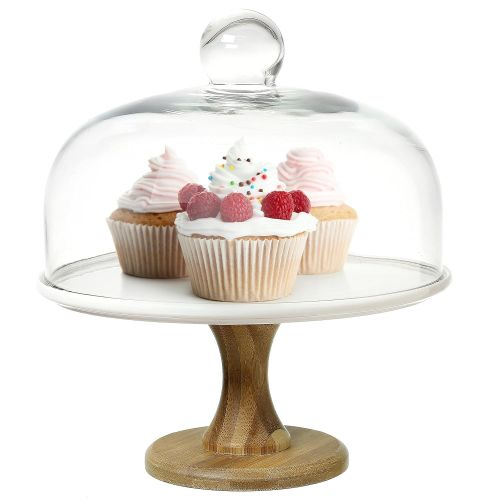  MyGift 9 Inch Round Wood & White Ceramic Pedestal Dessert Cake Stand, Serving Platter with Clear Glass Dome Lid