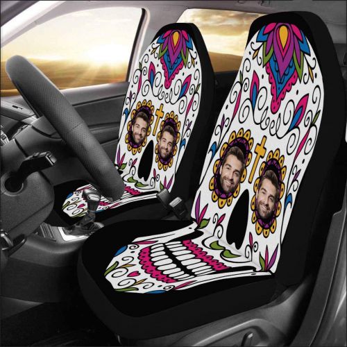  MyPupSocks Personalized Face Bucket Seat Protector Car Seat Cushions Only Full Set of 2, Custom Picture Mexican Sugar Skull Seat Protector for Pets Running Gym