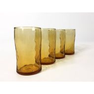MyVintageAntiqueShop Set of 4 Vintage Libbey Amber Juice Glasses - Pinched Center w/ Textured Dot Pattern Retro Glassware
