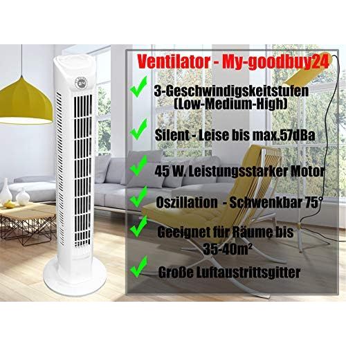  My-goodbuy24 Ventilator Saulenventilator Turmventilator leise, 78cm , max. 57dBA , 3 Stufen Standventilator , Oszillierender 75° (Schwenkbar) , 45 Watt Leistungsstarker Motor , Weiss