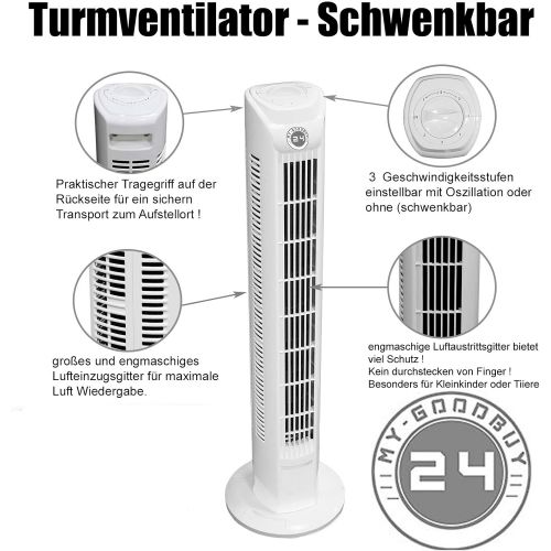  My-goodbuy24 Ventilator Saulenventilator Turmventilator leise, 78cm , max. 57dBA , 3 Stufen Standventilator , Oszillierender 75° (Schwenkbar) , 45 Watt Leistungsstarker Motor , Weiss