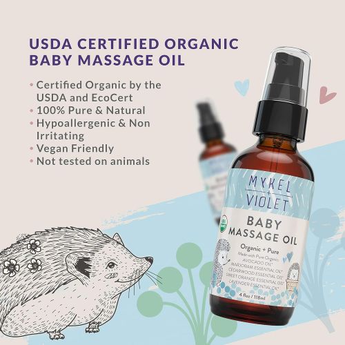  Mykel + Violet - 100% USDA Certified Organic Baby Massage Oil, Calming Blend, Moisturizes Newborn Baby’s Delicate Skin, Made with Avocado oil, Lavender oil and other Organic Essent