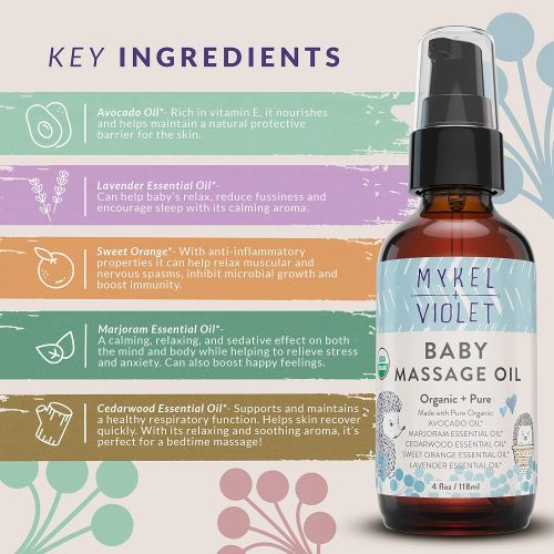  Mykel + Violet - 100% USDA Certified Organic Baby Massage Oil, Calming Blend, Moisturizes Newborn Baby’s Delicate Skin, Made with Avocado oil, Lavender oil and other Organic Essent