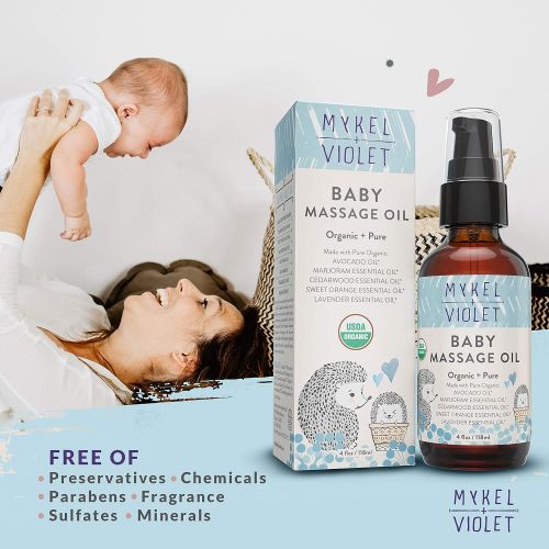  Mykel + Violet - 100% USDA Certified Organic Baby Massage Oil, Calming Blend, Moisturizes Newborn Baby’s Delicate Skin, Made with Avocado oil, Lavender oil and other Organic Essent