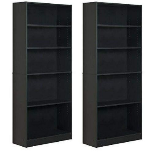  Mylex Five Shelf Bookcase; Three Adjustable Shelves; 11.63 x 29.63 x 71.5 Inches, Black, Assembly Required (43070) Set of 2