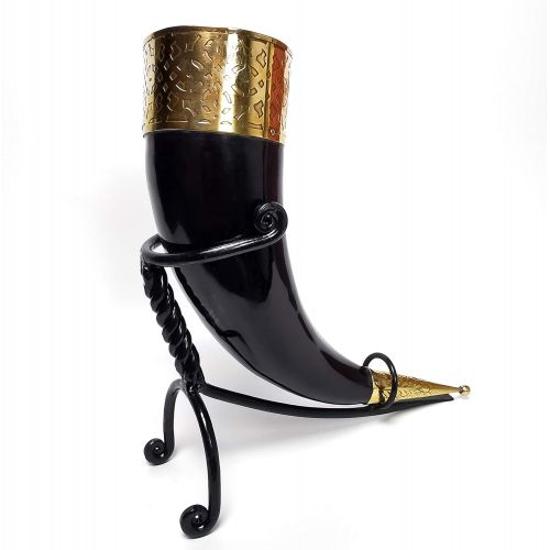  [아마존베스트]Mythrojan Hand Forged Drinking Ale Horn Rack Twisted Iron Ale Mead Horn Stand Medieval & Viking