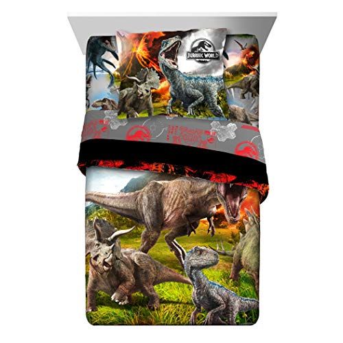  N&T TN 2 Piece Kids Orange Black Jurassic World Comforter Twin/Full Set, Dinosaur Themed Bedding T-Rex Raptors Pattern Reptiles Dino Movie, Reversible Polyester