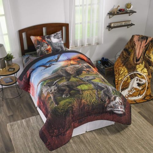  N&T TN 2 Piece Kids Orange Black Jurassic World Comforter Twin/Full Set, Dinosaur Themed Bedding T-Rex Raptors Pattern Reptiles Dino Movie, Reversible Polyester