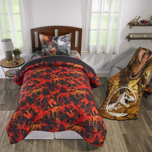  N&T TN 2 Piece Kids Orange Black Jurassic World Comforter Twin/Full Set, Dinosaur Themed Bedding T-Rex Raptors Pattern Reptiles Dino Movie, Reversible Polyester