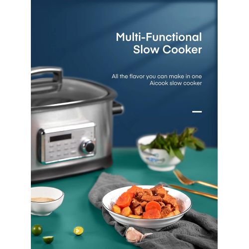  N\A Slow Cooker, 10 in 1 Programmable Multifunctional Cooker 6.5 Quart, Multipurpose Electric Food Steamer, Non Stick Pot & Steaming Rack, Silver, 6.5 quarts
