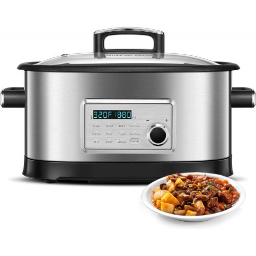  N\A Slow Cooker, 10 in 1 Programmable Multifunctional Cooker 6.5 Quart, Multipurpose Electric Food Steamer, Non Stick Pot & Steaming Rack, Silver, 6.5 quarts