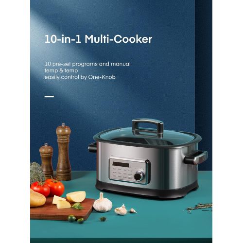  N\A Slow Cooker, 10 in 1 Programmable Multifunctional Cooker 6.5 Quart, Multipurpose Electric Food Steamer, Non Stick Pot & Steaming Rack, Silver, 6.5 quarts