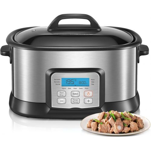  N\A Slow Cooker, 1500W 6Qt 10 in 1 Multifunctional Cooker, Yogurt Maker, Rice Cooker, 10 Preset Programs, Adjustable Temp & Time, Automatic Keep Warm, Non Stick Pot, Glass Lid, Steamin
