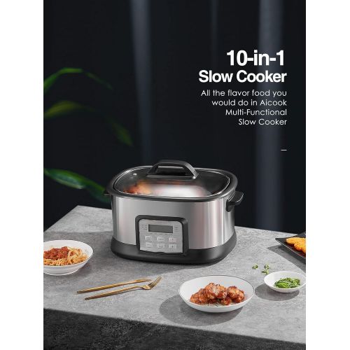  N\A Slow Cooker, 1500W 6Qt 10 in 1 Multifunctional Cooker, Yogurt Maker, Rice Cooker, 10 Preset Programs, Adjustable Temp & Time, Automatic Keep Warm, Non Stick Pot, Glass Lid, Steamin