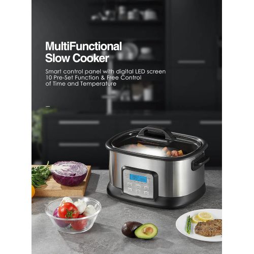  N\A Slow Cooker, 1500W 6Qt 10 in 1 Multifunctional Cooker, Yogurt Maker, Rice Cooker, 10 Preset Programs, Adjustable Temp & Time, Automatic Keep Warm, Non Stick Pot, Glass Lid, Steamin