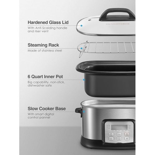  N\A Slow Cooker, 1500W 6Qt 10 in 1 Multifunctional Cooker, Yogurt Maker, Rice Cooker, 10 Preset Programs, Adjustable Temp & Time, Automatic Keep Warm, Non Stick Pot, Glass Lid, Steamin