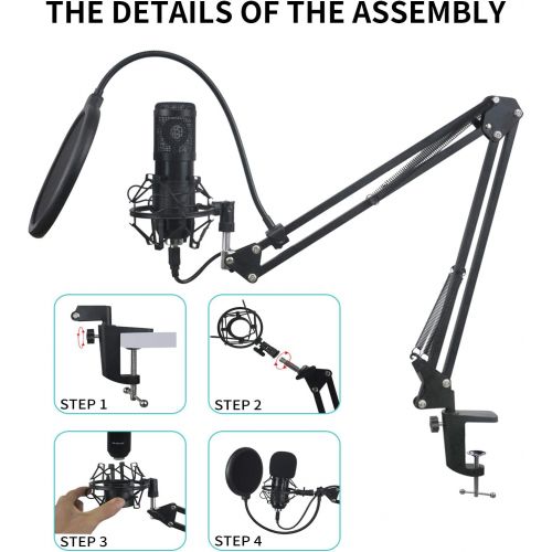  N\A USB Condenser Microphone, 48KHZ/16Bit Professional Computer PC Podcast Cardioid Metal Mic Kit with Sound Card Arm Shock Mount Pop Filter, for Recording, Gaming, Studio, YouTube