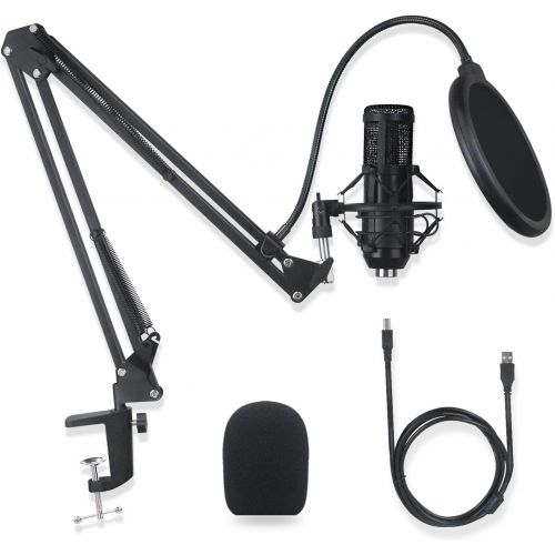  N\A USB Condenser Microphone, 48KHZ/16Bit Professional Computer PC Podcast Cardioid Metal Mic Kit with Sound Card Arm Shock Mount Pop Filter, for Recording, Gaming, Studio, YouTube